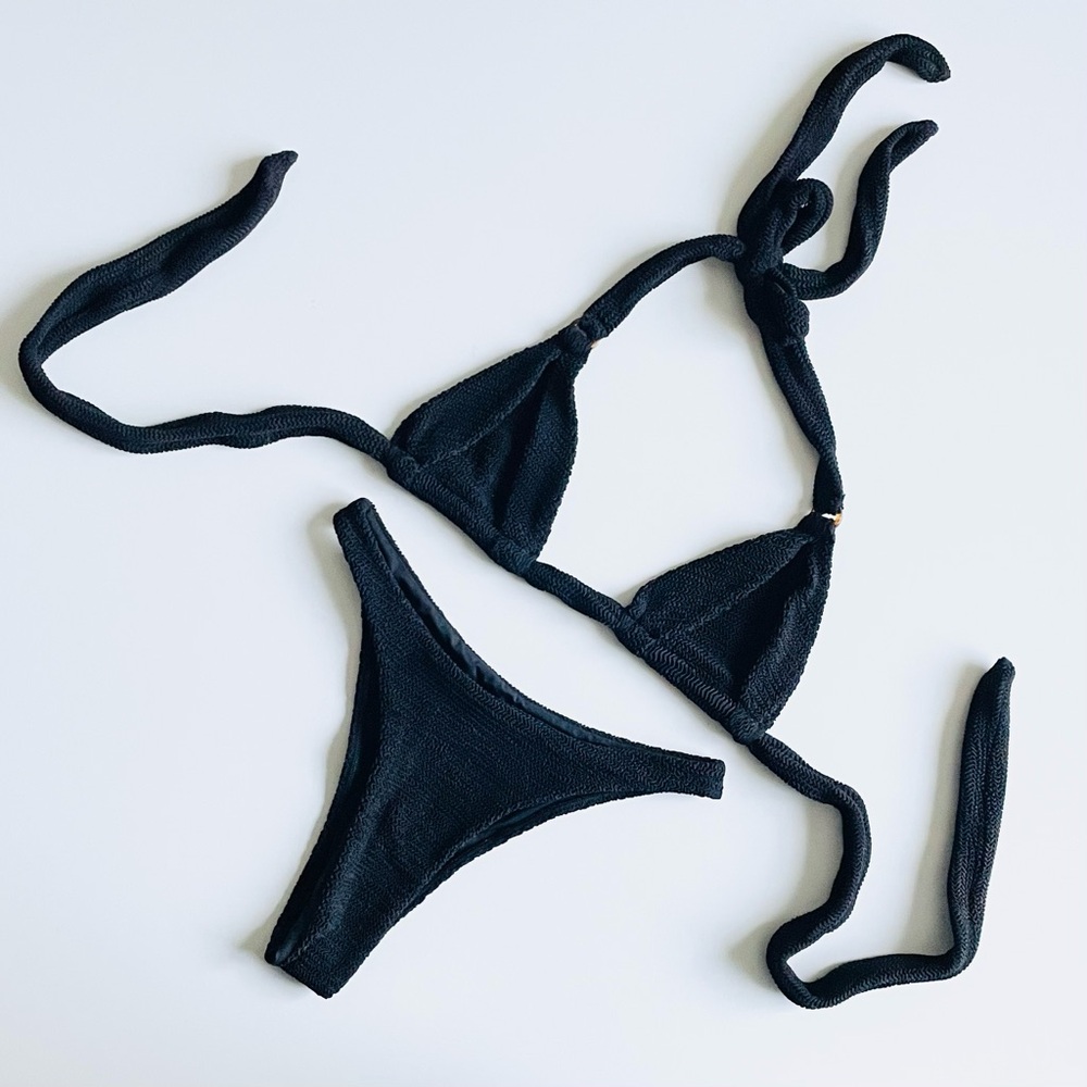 Monday Swimwear SMALL Morocco top + high leg bottoms black crinkle